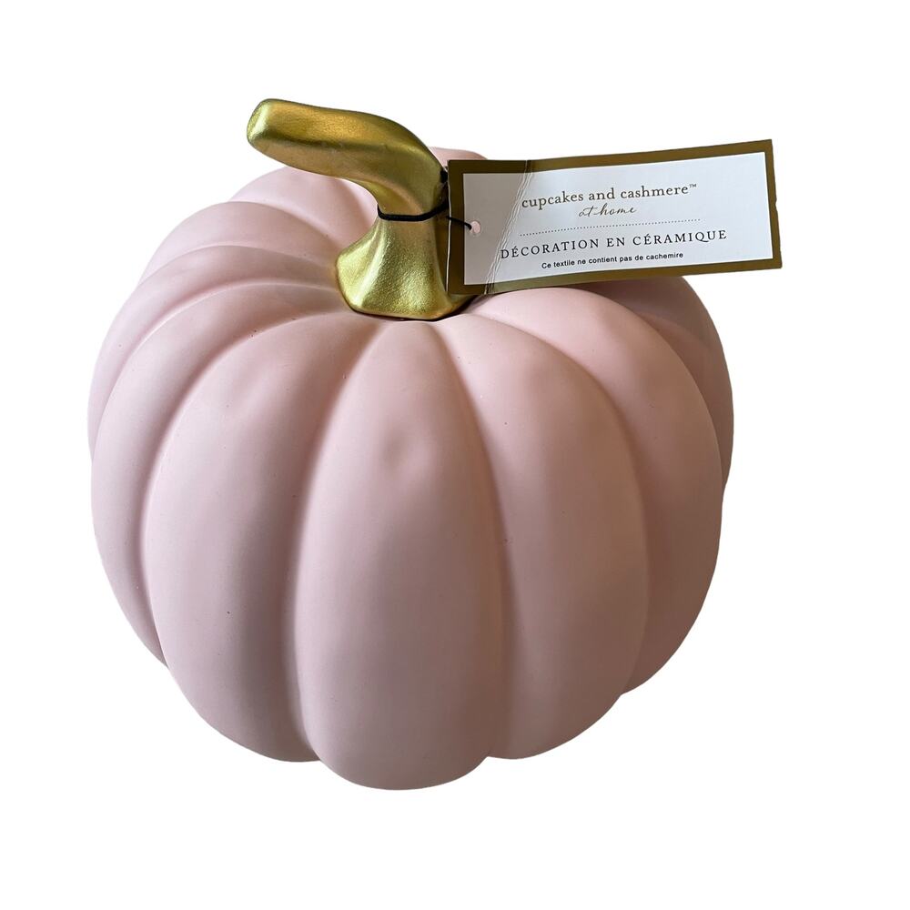 CUPCAKES & CASHMERE Pink Ceramic Pumpkin Gold Stem Posh Fall Decor New - Picture 2 of 14